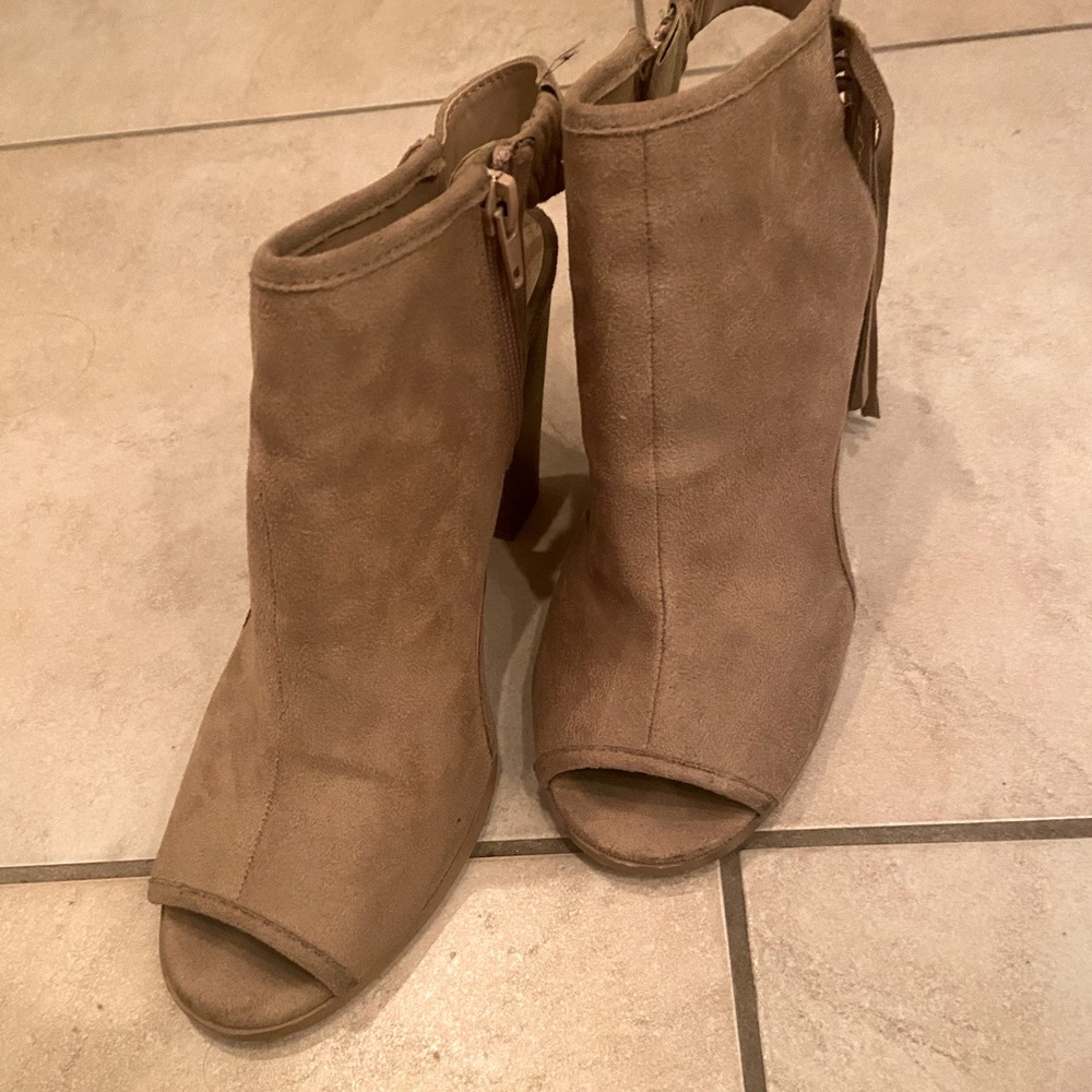Suede Camel Peep Toe Ankle Boot With Side Fringe - image 2
